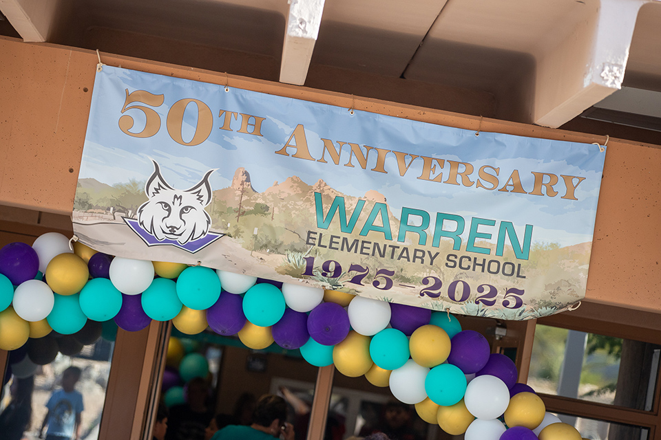50th Anniversary Warren Elementary School 1975-2025 banner above a balloon arch