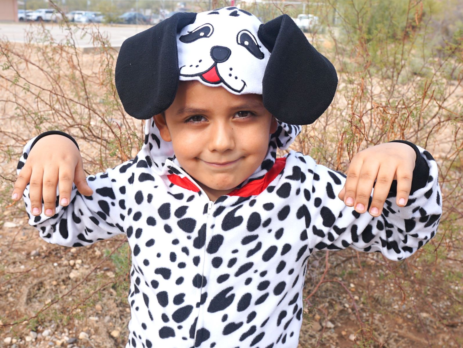 A boy poses as a Dalmatian puppy